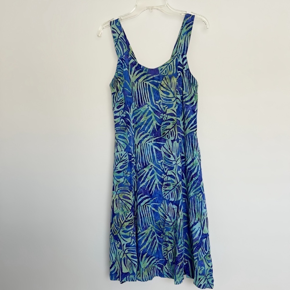 Bali Batiks Blue Leaf Print Dress Size XS Tropical Hawaiian Coconut Girl Travel
